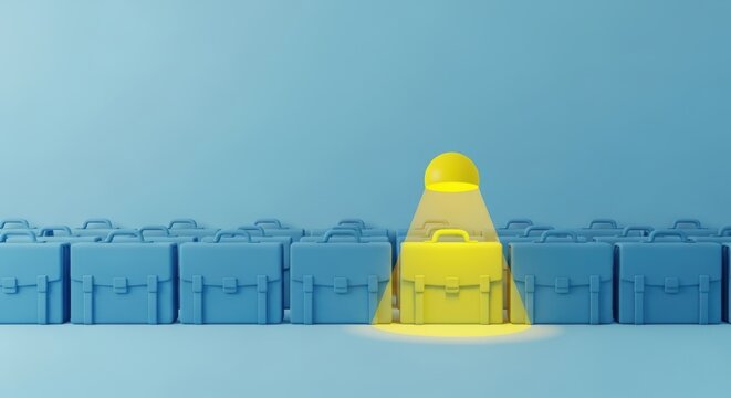 Glowing yellow briefcase illuminated by spotlight among rows of blue briefcases on blue background, symbolizing unique job opportunity, standout career, HR hiring and candidate selection