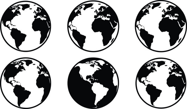 Black and white globe in different orientations earth silhouettes