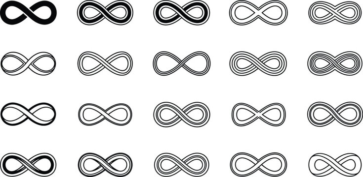 Black and white infinity symbols in various line styles and thicknesses lemniscate eternity symbol mathematical symbol