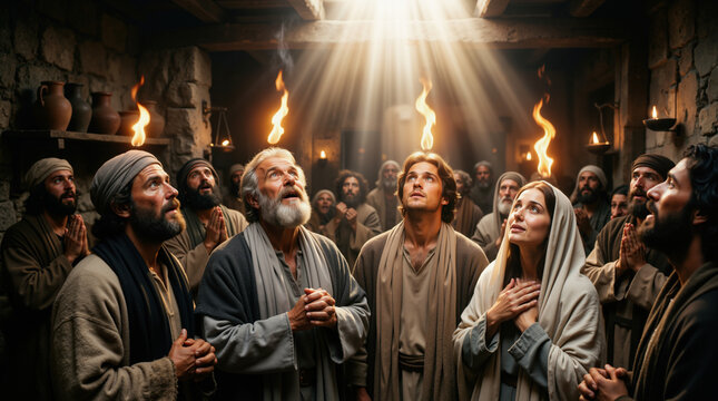 Pentecost moment with Holy Spirit descent. Biblical scene of disciples receiving tongues of fire in an ancient room