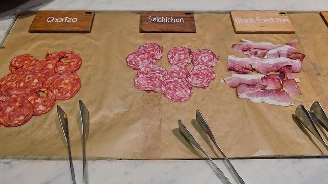Sliced chorizo, salchichon and black forest ham arranged on buffet table with serving tongs and labeled wooden signs. Close up charcuterie selection footage in restaurant dining area