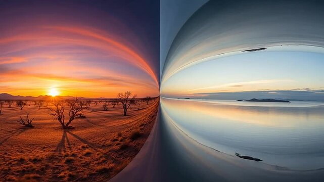 Surreal split screen landscape of desert sunset and calm ocean