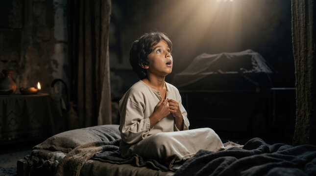 Young boy Samuel listening to a divine call in the night. Biblical scene of a child waking up in a dark room with dramatic light