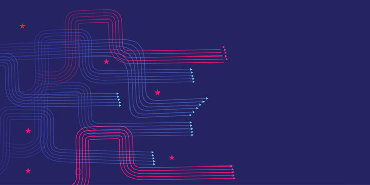 Abstract tech data flow background with red and cyan curved arrows on dark navy, modern direction lines pattern for web banner copy space template HD