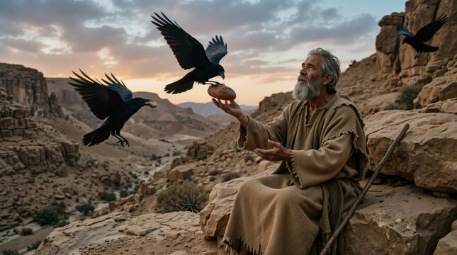 Prophet Elijah being fed by ravens in the wilderness. Biblical scene of divine provision. Ancient man in desert landscape