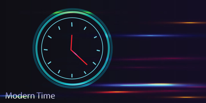 Neon clock on dark background with glowing blue ring and colorful light streaks, modern time concept for deadline, speed and technology banner