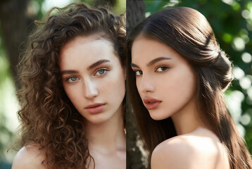 Obraz premium Two portraits of a woman with different hairstyles and makeup, showcasing natural beauty in an outdoor setting.