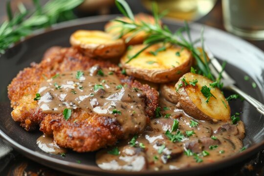 Breaded cutlet with mushroom sauce and roasted potatoes garnished with fresh parsley and rosemary