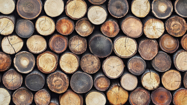 A neatly stacked pile of various sized wooden logs creates a textured background showcasing the beauty of natural woodgrain and circular tree s patterns.