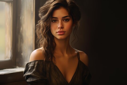 Portrait of a young brunette woman with wavy hair and off shoulder top, standing indoors