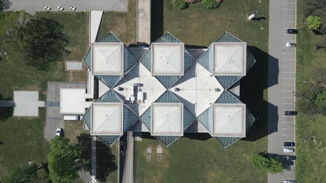 Top-down aerial drone shot showcases geometric patterns in Socialist Brutalism, New Belgrade, Serbia.