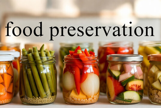 Food preservation: Jars filled with pickled vegetables are displayed on a shelf.