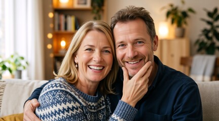 Fototapeta premium Close up portrait of a happy middle aged couple at home. Smiling mature man and woman hugging and looking at camera in a cozy living room. Loving relationship concept
