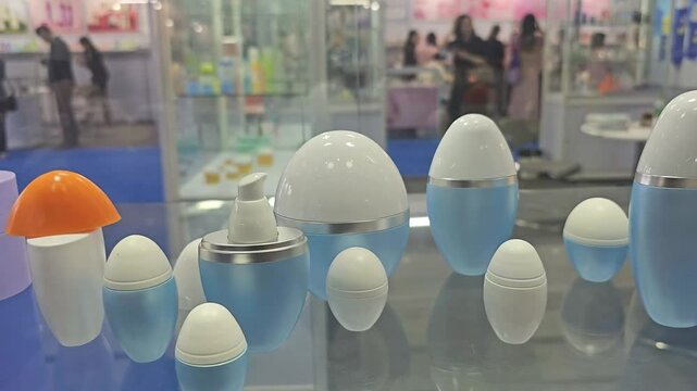 Blue and white cosmetic containers and skincare packaging displayed on exhibition counter at trade show booth. Assorted plastic bottles, jars and roll on deodorant containers with blurred retail backg
