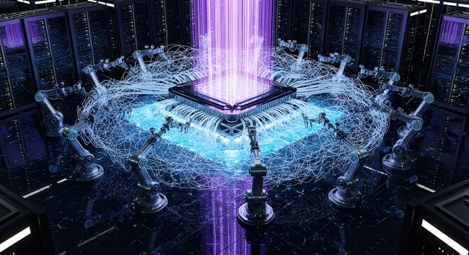 Futuristic purple and blue data center with holographic projection