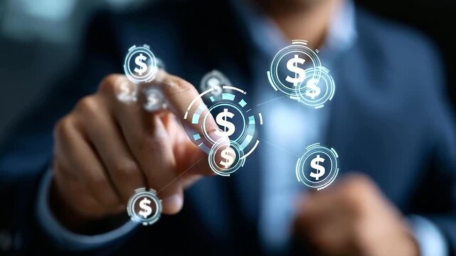 Faceless professional pointing holographic affiliate marketing diagram, defocused representing sales commission, advertising referral and online revenue, business technology, with