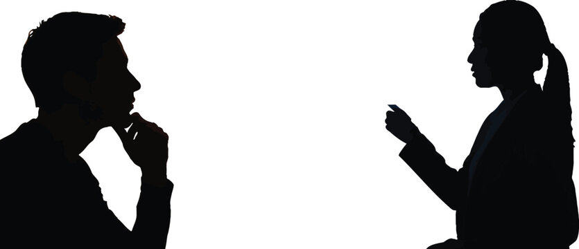 Businessman and businesswoman silhouettes face each other to engage in a formal professional conversation about office strategy.