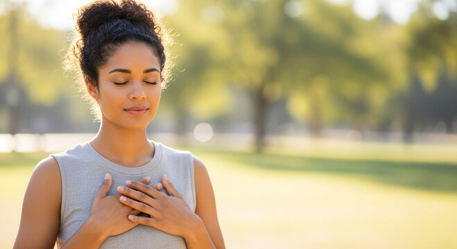 Eyes closed with hands over heart in soft light, peaceful mindful breathing practice, wellness lifestyle moment for calm presence and daily relaxation