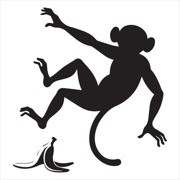 cartoon monkey slipping banana peel playful black silhouette