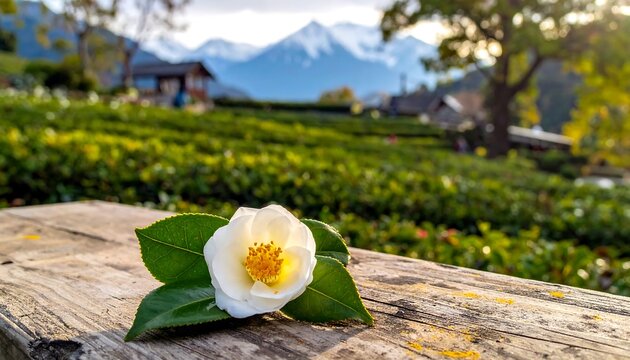 White Camellia flower on weathered wooden bench with mountain backdrop