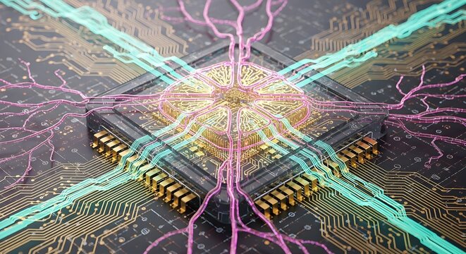 Futuristic microchip with vibrant pink and blue neon connections