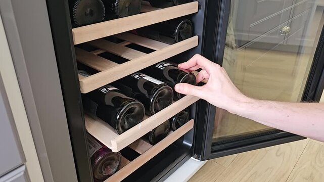 Close up of person pulling wine bottle from wooden shelf inside temperature controlled wine fridge, organized glass bottles stored horizontally in modern kitchen appliance with open door