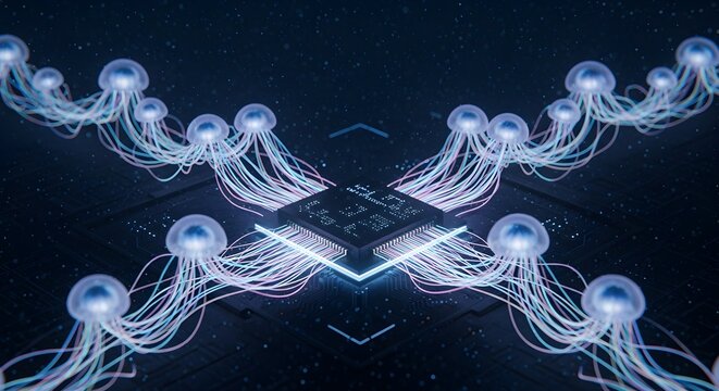 Futuristic illustration of jellyfish surrounding a microchip on dark background