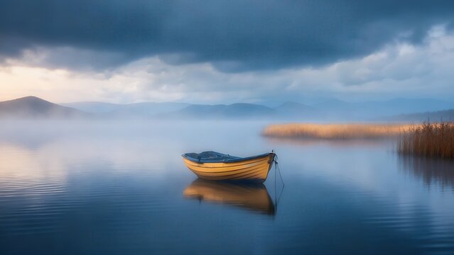 Moody overcast blue sky with heavy dark clouds hangs over misty calm lake, small yellow wooden rowboat floats moored near golden reed bank with hazy distant mountain range backdrop