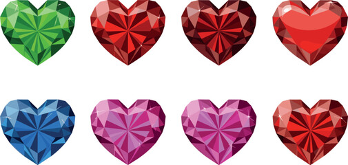 Colorful Heart-Shaped Gemstone Icon Set with Faceted Diamond Hearts in Red, Pink, Green, and Blue for Valentine's Day, Jewelry, and Digital Designs © MDTAREK