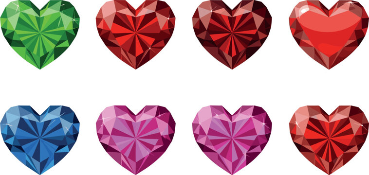 Colorful Heart-Shaped Gemstone Icon Set with Faceted Diamond Hearts in Red, Pink, Green, and Blue for Valentine's Day, Jewelry, and Digital Designs