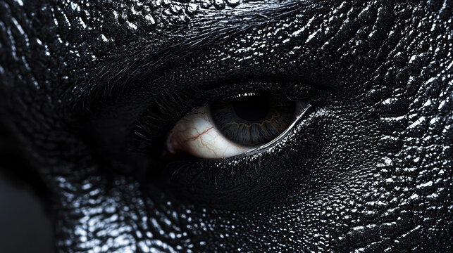 Macro shot focusing on the detailed eye of a person whose face is entirely covered in glossy black paint, creating a striking and artistic visual effect.