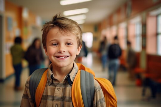 Smiling boy standing in school hallway with backpack, ready for learning