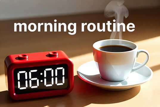 A red alarm clock displays 6:00 AM next to a cup of coffee on a table, suggesting a morning routine.