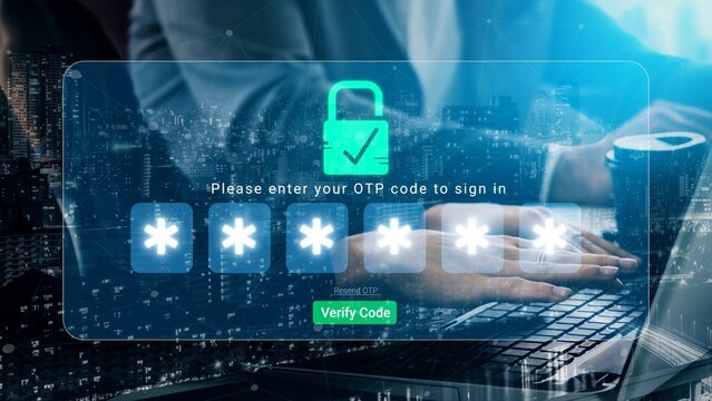 Secure Online Authentication Process with OTP Code Entry on Laptop in Modern Digital Environment Featuring Lock Symbol and City Skyline Sigmoid