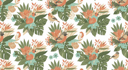 Obraz premium Exotic plants with birds and flowers, seamless pattern, repeating pattern, surface design, textile print, soft color palette, modern illustration, no shadows,