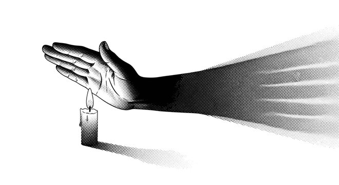 A human hand shadow gradually fading into blank space, fingers dissolving into halftone dots, centered and minimal composition, black and white halftone