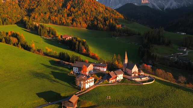 Val di Funes and village Santa Maddalena. Dolomites, Italy