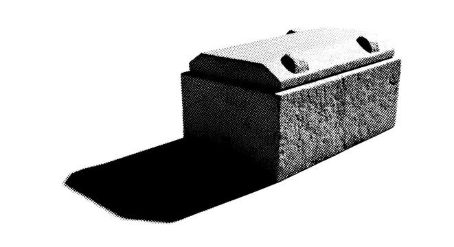 A heavy stone sarcophagus casting a long shadow across the floor, centered and slightly angled, monochrome halftone illustration, dense dot shading, editorial