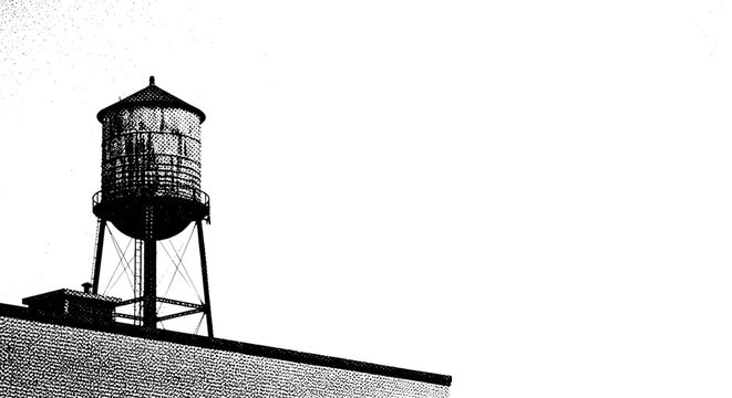 A rooftop water tower barely visible through fog against a muted skyline, off-center composition with negative space, black and white halftone illustration,