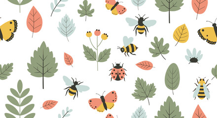 Fototapeta premium Garden insects with plants and flowers, seamless pattern, repeating pattern, surface design, textile print, soft color palette, modern illustration, no