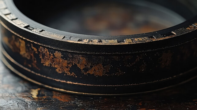 An antique black lacquer box with subtle gold leaf accents rests on a distressed wooden surface, showcasing its intricate details and aged patina with soft lighting.