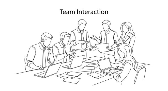 "Team Interaction". Minimalistic one-line drawing people discussing over shared desk with laptops and documents, continuous single black line on