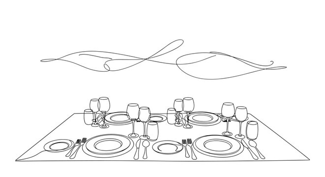"Evening Celebration". Minimalistic one-line drawing decorated table with plates, glasses, and subtle romantic atmosphere lines, continuous single black line