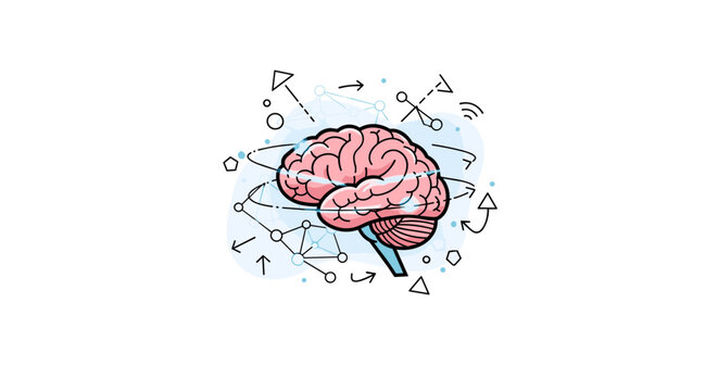 Cognitive connections. A brain is surrounded by a network of dots and lines, forming a web of ideas and associations. Subtle glow effects and arrows highlight
