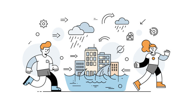 Climate-related flooding. A central city block is shown with rising water levels marked by simple lines, while clouds and rain hover above. Subtle arrows and