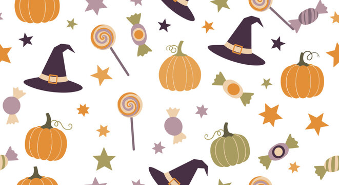 Autumn Halloween elements with candy and hats, seamless pattern, repeating pattern, surface design, textile print, soft color palette, modern illustration, no