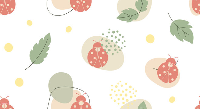 Minimal ladybug silhouettes with abstract shapes, seamless pattern, repeating pattern, surface design, textile print, soft color palette, modern illustration,