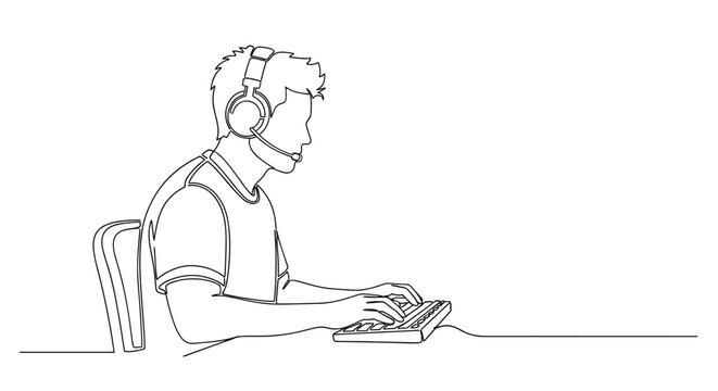 "Competitive Gaming". Minimalistic one-line drawing gamer at desk with headset and keyboard in focused posture, continuous single black line on white