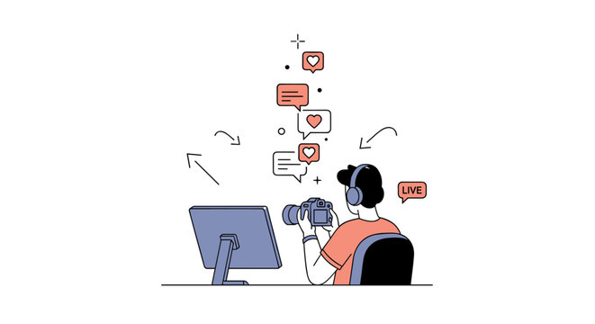 Live streaming gameplay. A streamer sits facing a camera and monitor, with chat bubbles and heart icons rising in a vertical flow beside them. A small ?LIVE?