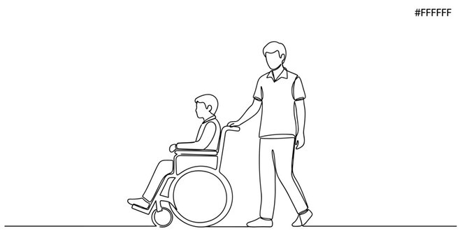 "Assisted Mobility". Minimalistic one-line drawing wheelchair or mobility aid being navigated by helper alongside person, continuous single black line on white